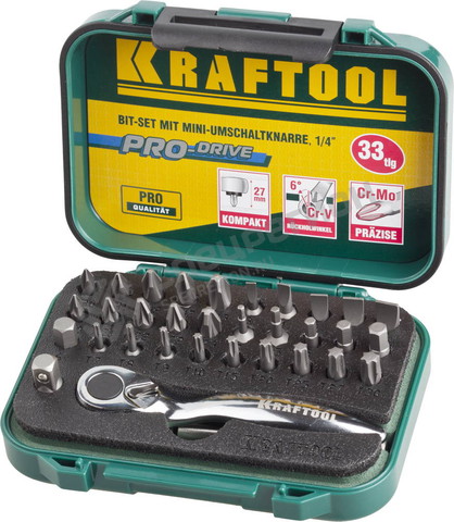 Фотография Набор KRAFTOOL "EXPERT" Биты с мини трещоткой 1/4", 33 предмета 26157-H33