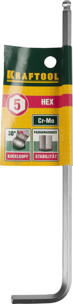 Фотография Ключ KRAFTOOL "INDUSTRIE" имбусовый, длинный c шариком, Cr-Mo, хромосатинированное покрытие, HEX 5 2